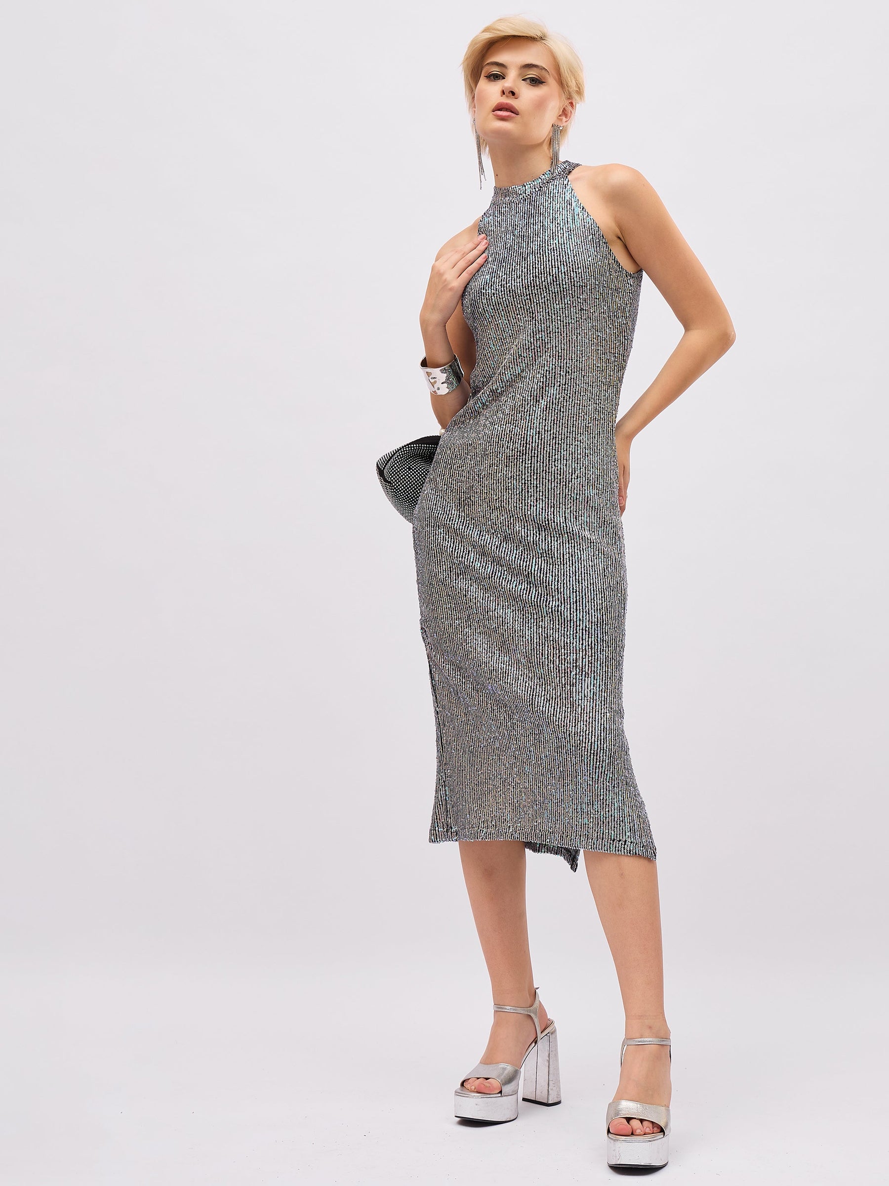 Black Multi color Sequin Halter Neck Midi Dress-SASSAFRAS