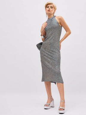 Black Multi color Sequin Halter Neck Midi Dress-SASSAFRAS