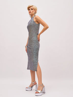 Black Multi color Sequin Halter Neck Midi Dress-SASSAFRAS