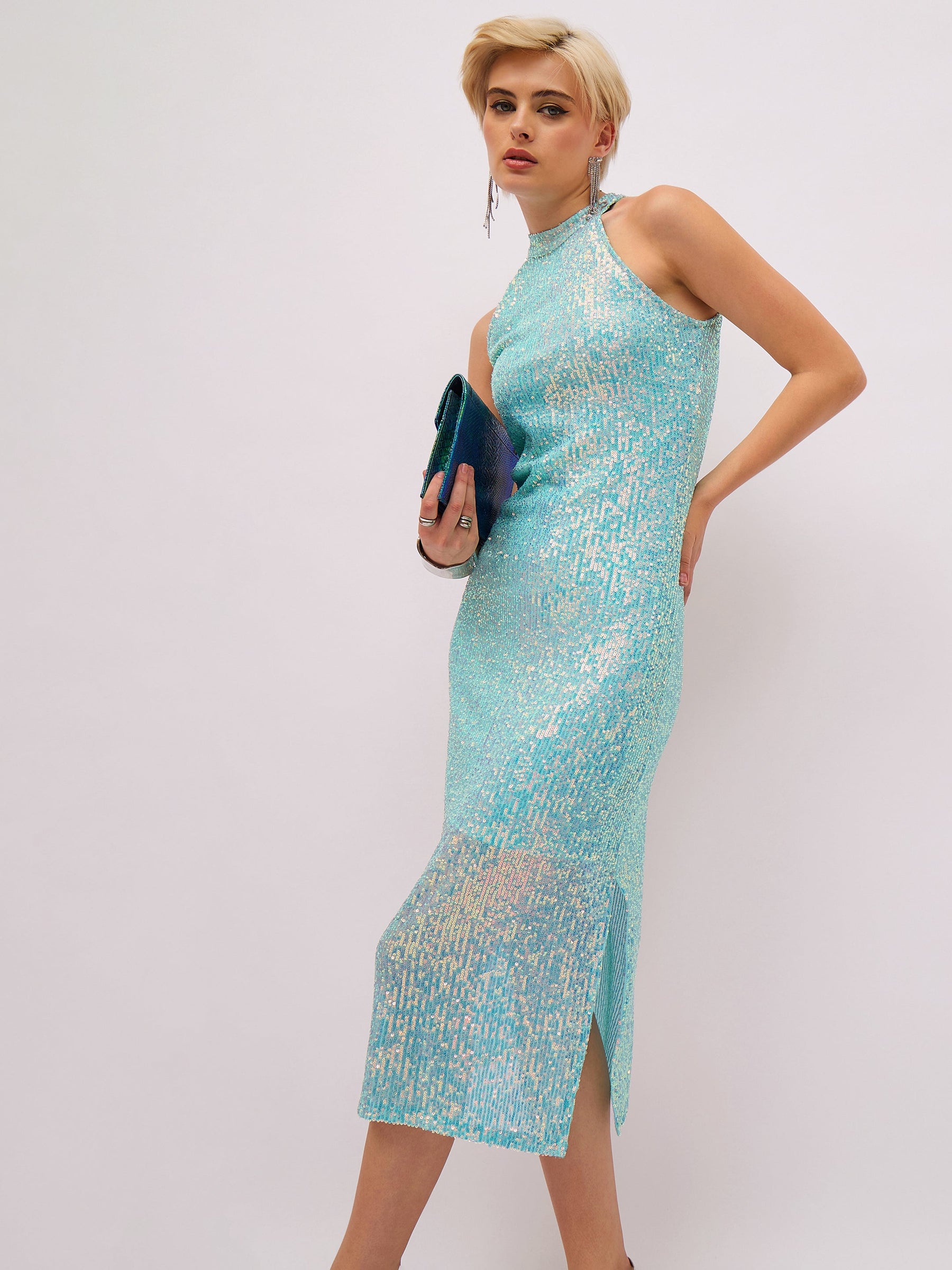 See Green Sequin Halter Neck Midi Dress-SASSAFRAS