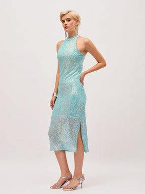 See Green Sequin Halter Neck Midi Dress-SASSAFRAS