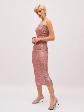 Peach Sequin Corset Midi Dress-SASSAFRAS