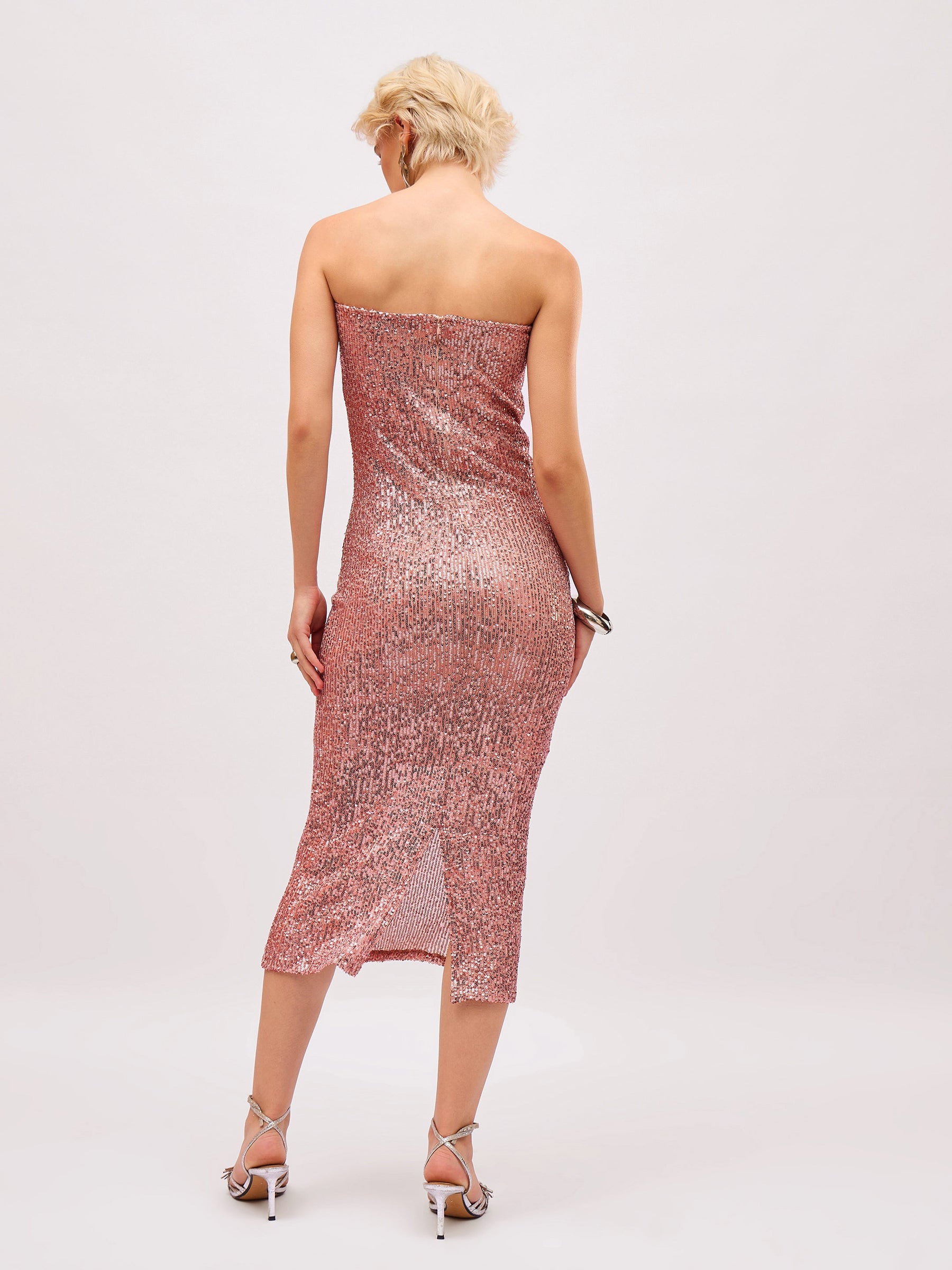 Peach Sequin Corset Midi Dress-SASSAFRAS
