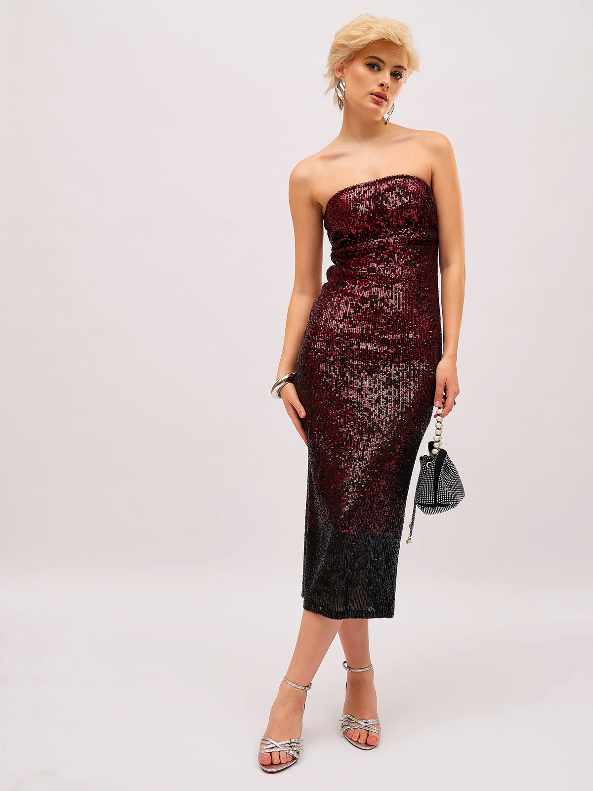 Maroon Ombre Sequin Corset Midi Dress-SASSAFRAS