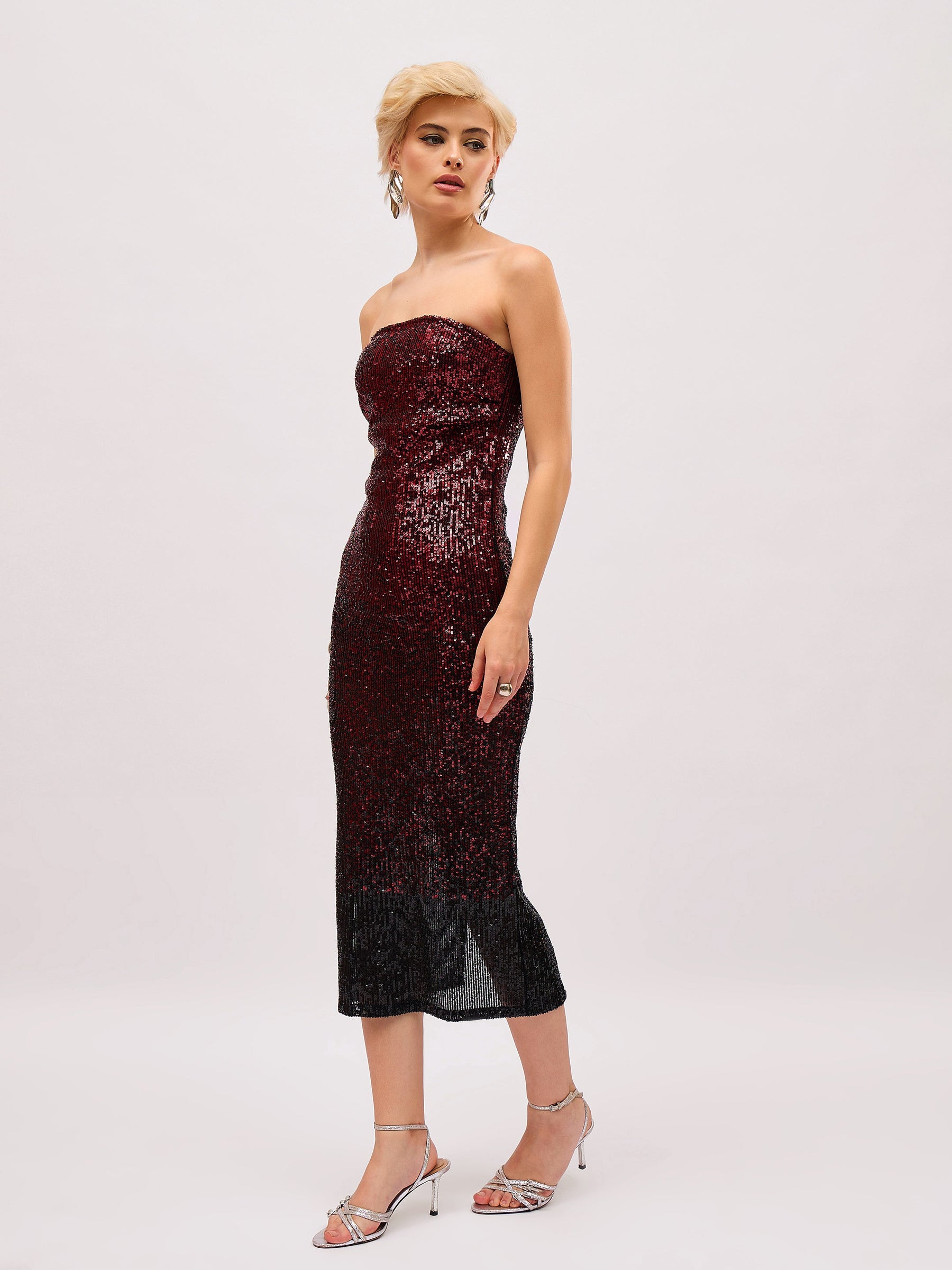 Maroon Ombre Sequin Corset Midi Dress-SASSAFRAS