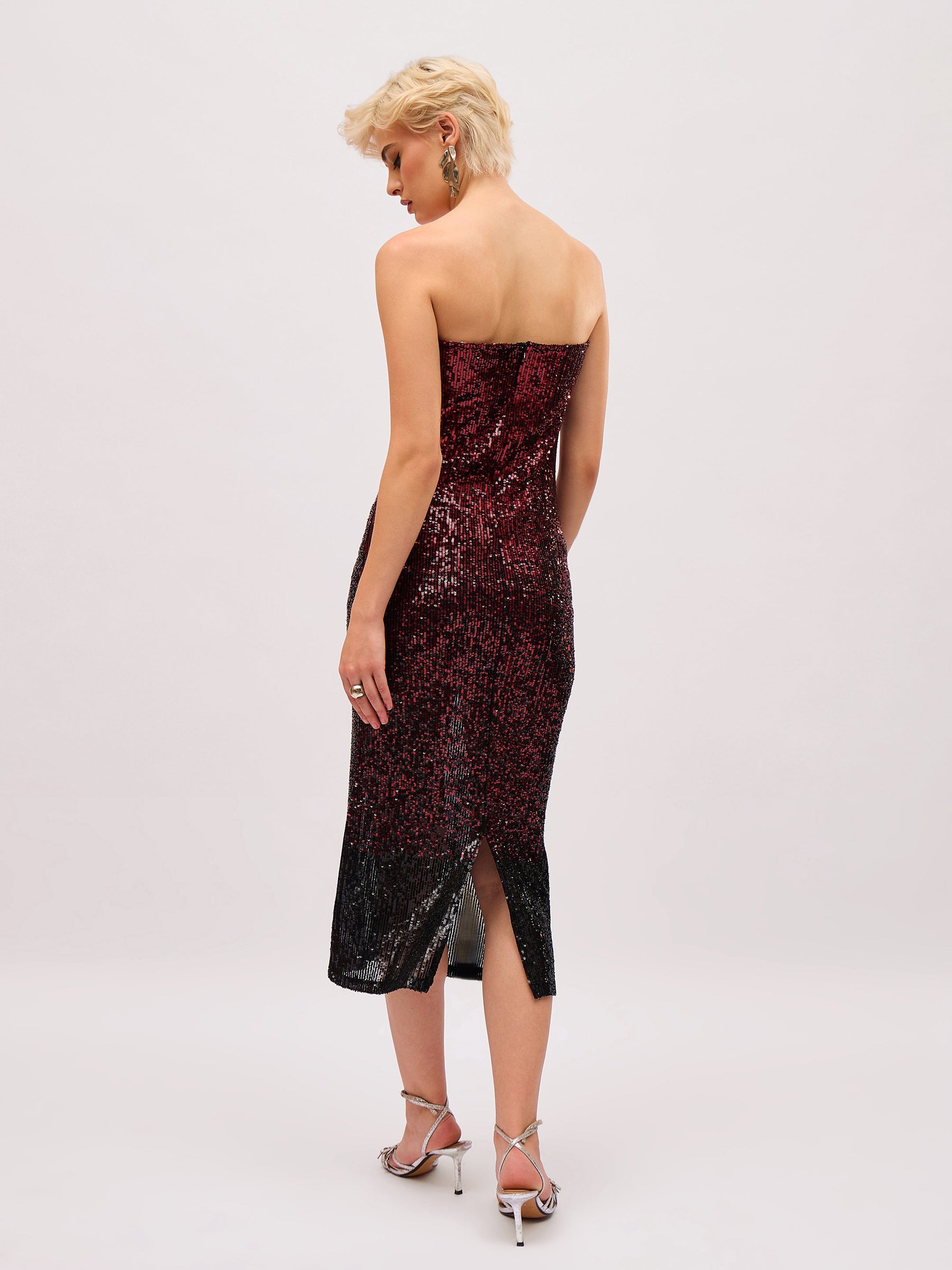 Maroon Ombre Sequin Corset Midi Dress-SASSAFRAS
