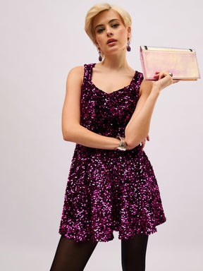 Fuchsia Velour Sequin Sweetheart Neck Short Dress-SASSAFRAS