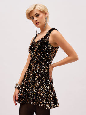 Gold Velour Sequin Sweetheart Neck Short Dress-SASSAFRAS