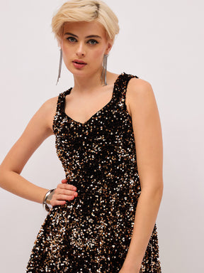 Gold Velour Sequin Sweetheart Neck Short Dress-SASSAFRAS