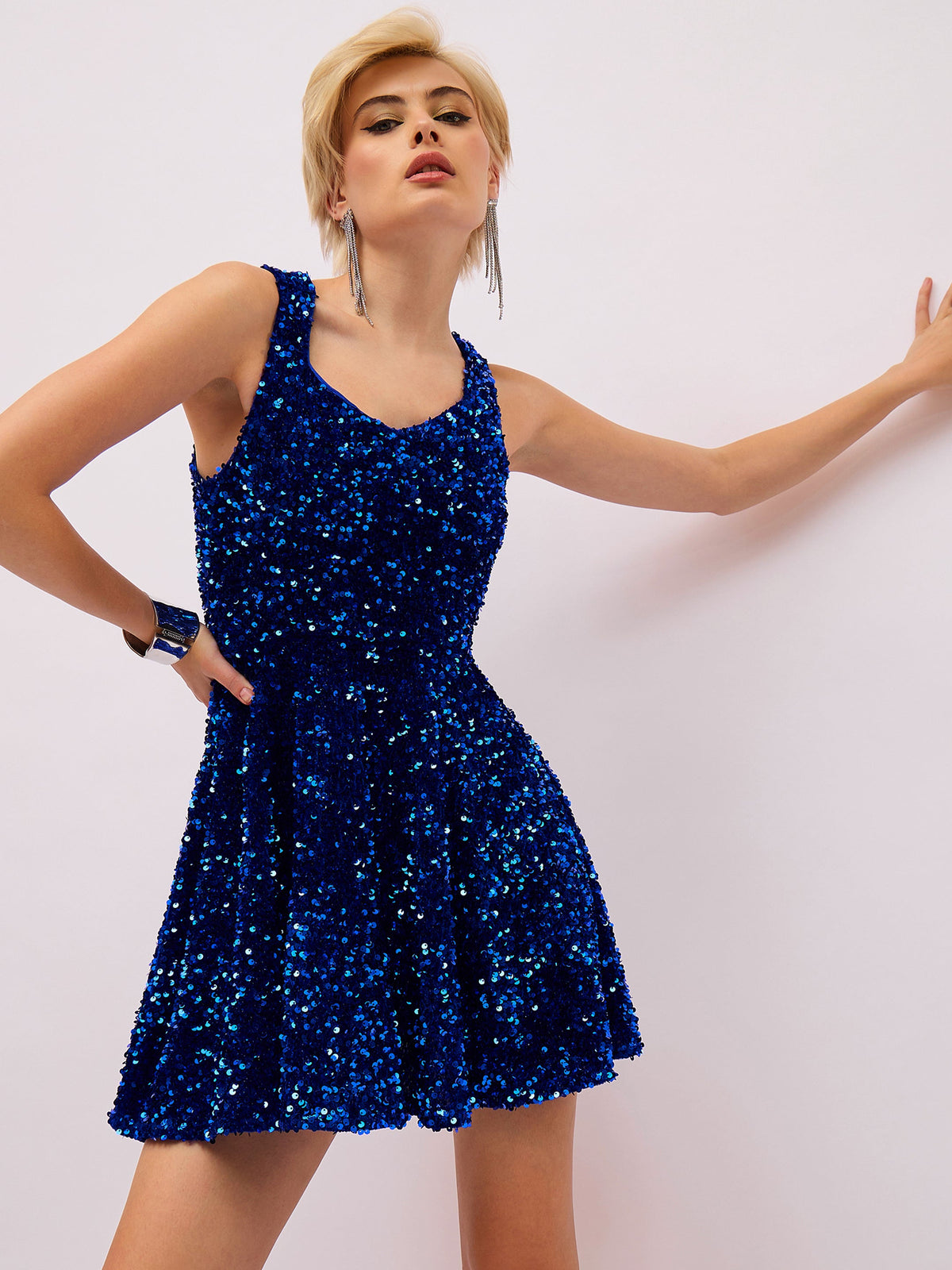 Royal Blue Velour Sequin Sweetheart Neck Short Dress-SASSAFRAS