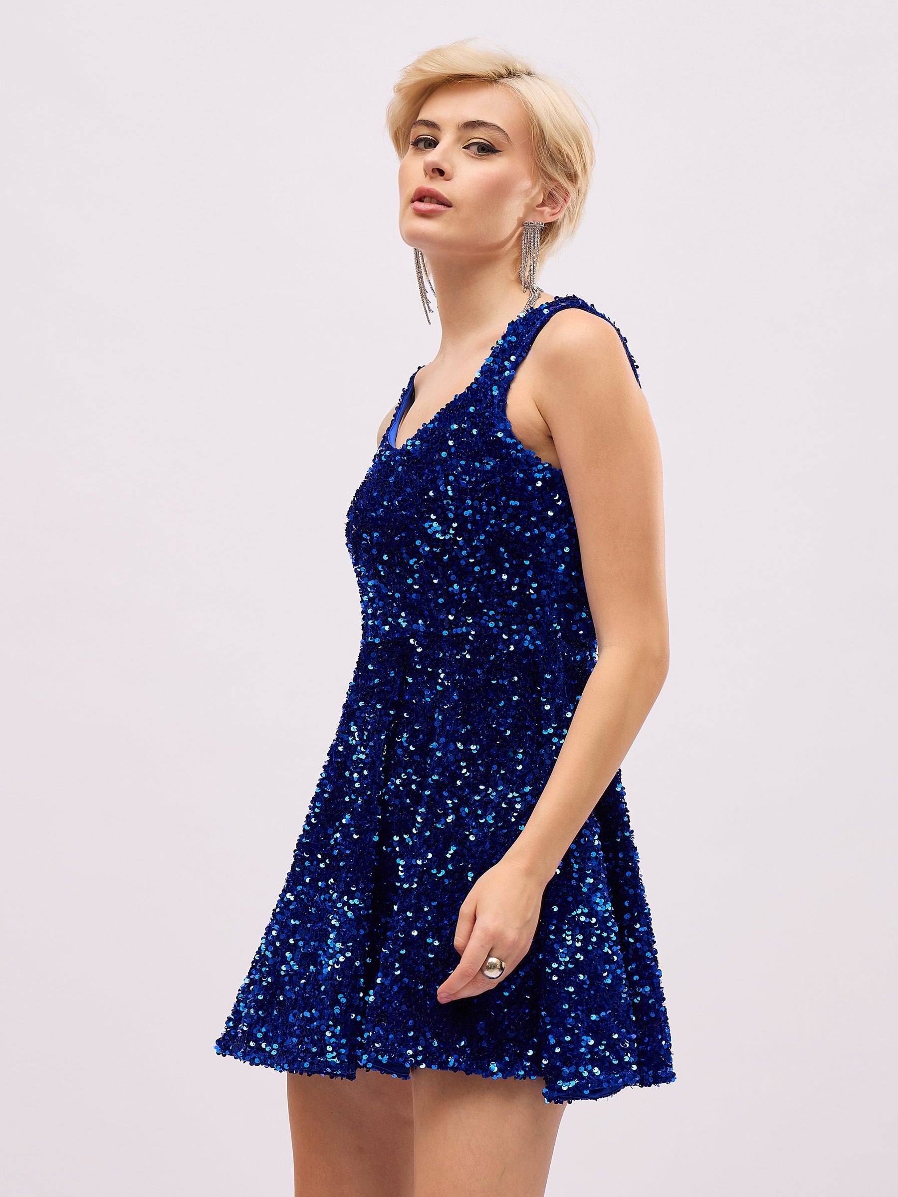 Royal Blue Velour Sequin Sweetheart Neck Short Dress-SASSAFRAS