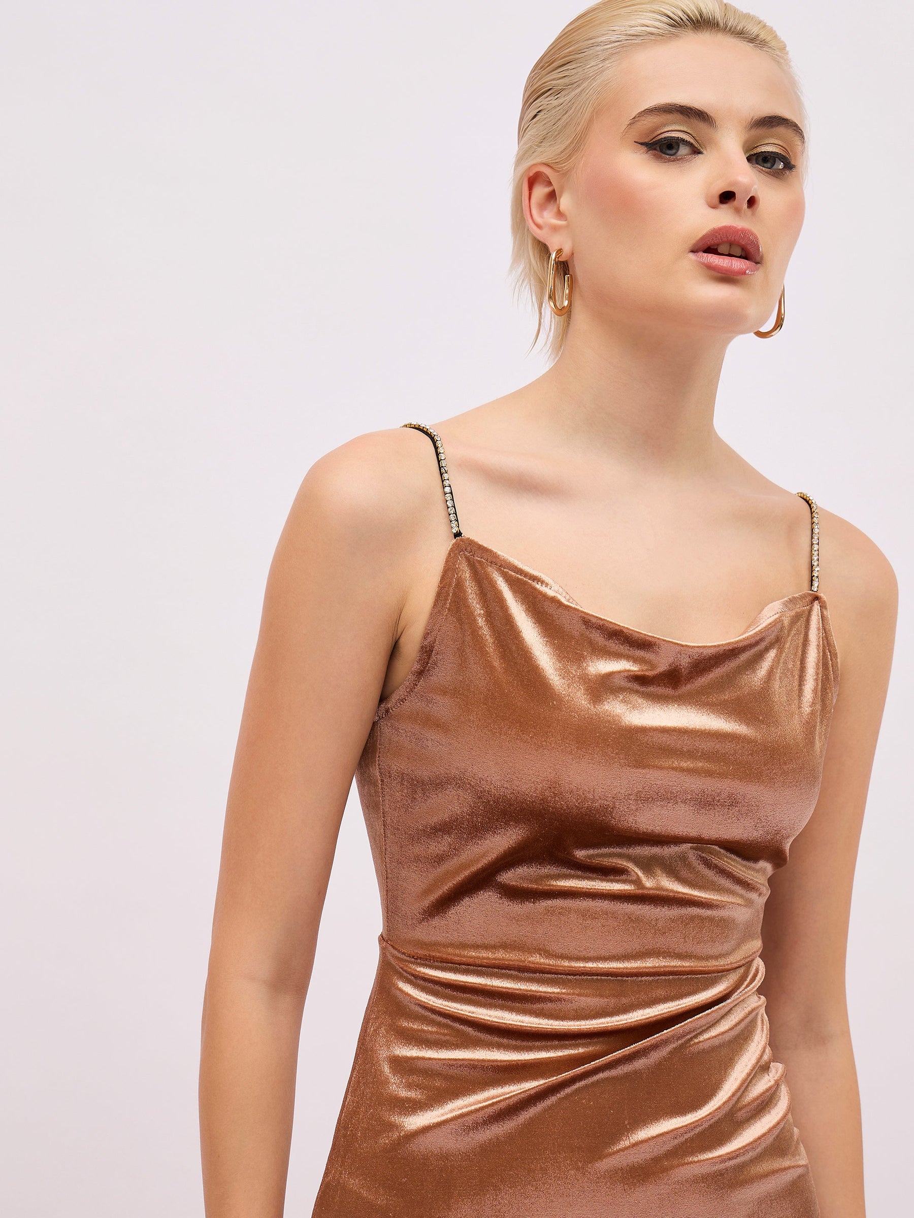 Beige Gold Velvet Cowl Neck Bodycon Dress-SASSAFRAS