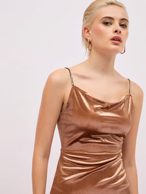 Beige Gold Velvet Cowl Neck Bodycon Dress-SASSAFRAS
