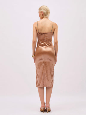 Beige Gold Velvet Cowl Neck Bodycon Dress-SASSAFRAS