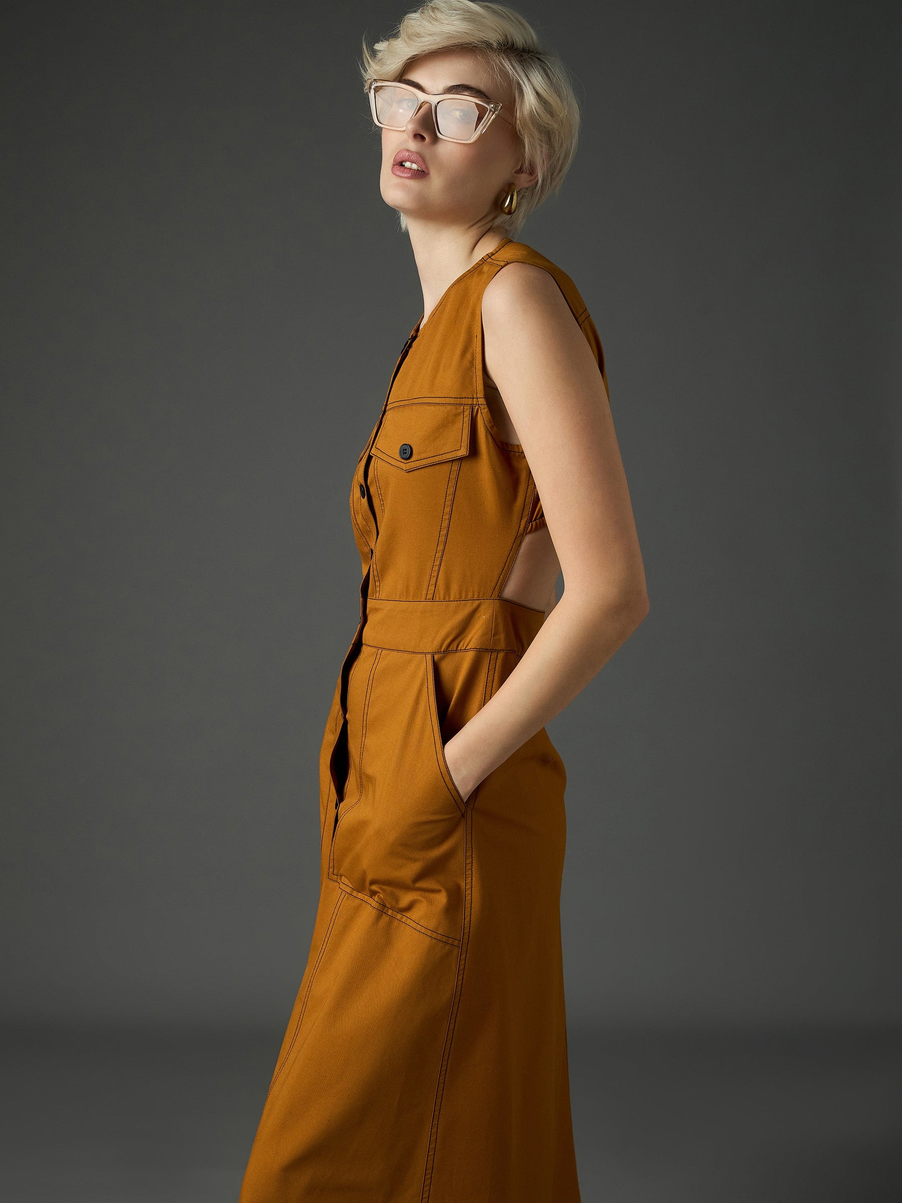 Tan Twill Waist Cut-Out Midi Dress-SASSAFRAS