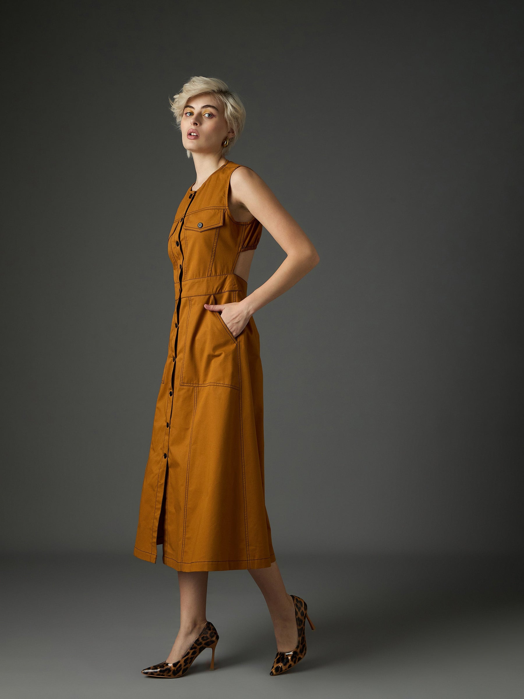 Tan Twill Waist Cut-Out Midi Dress-SASSAFRAS