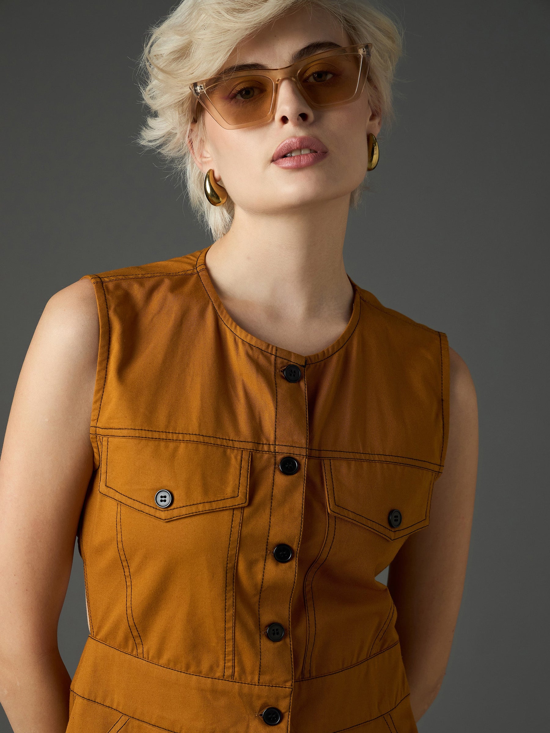 Tan Twill Waist Cut-Out Midi Dress-SASSAFRAS