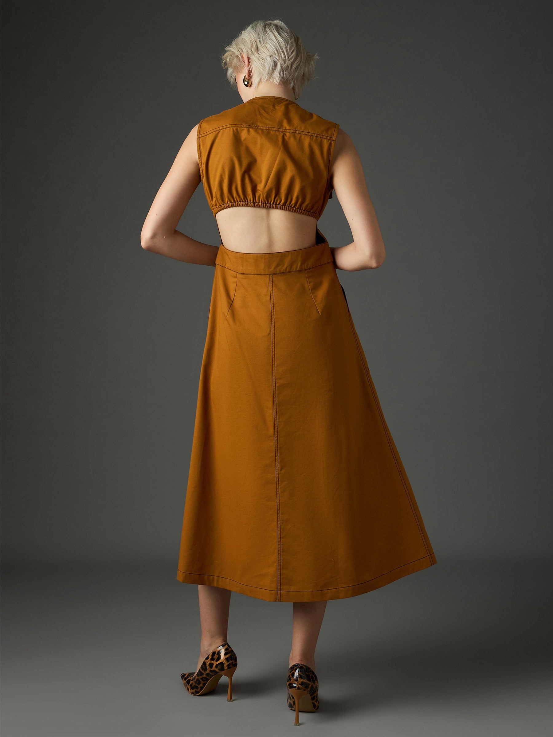 Tan Twill Waist Cut-Out Midi Dress-SASSAFRAS