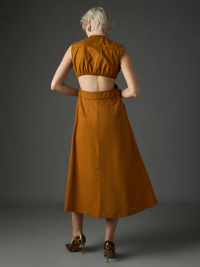 Tan Twill Waist Cut-Out Midi Dress-SASSAFRAS