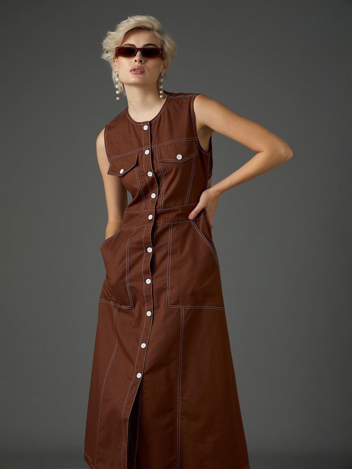 Brown Twill Waist Cut-Out Midi Dress-SASSAFRAS