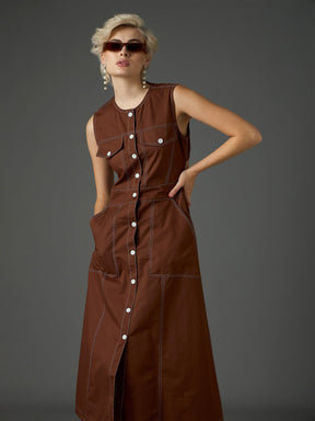 Brown Twill Waist Cut-Out Midi Dress-SASSAFRAS