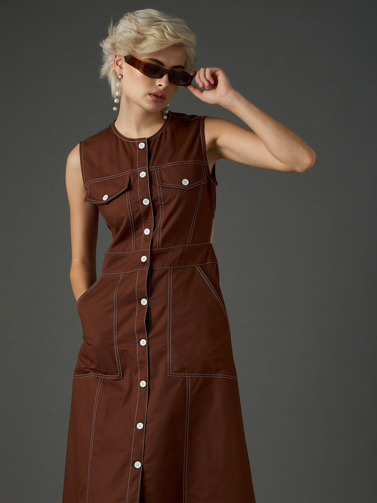 Brown Twill Waist Cut-Out Midi Dress-SASSAFRAS