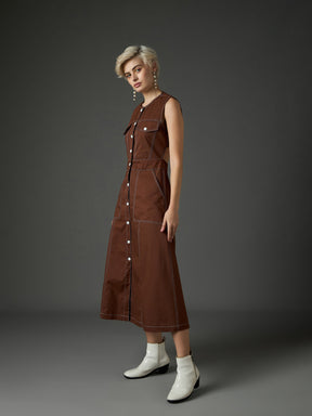 Brown Twill Waist Cut-Out Midi Dress-SASSAFRAS