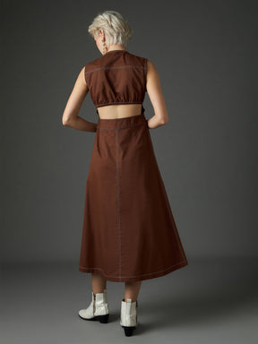 Brown Twill Waist Cut-Out Midi Dress-SASSAFRAS