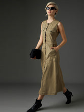 Pastel Olive Twill Waist Cut-Out Midi Dress-SASSAFRAS