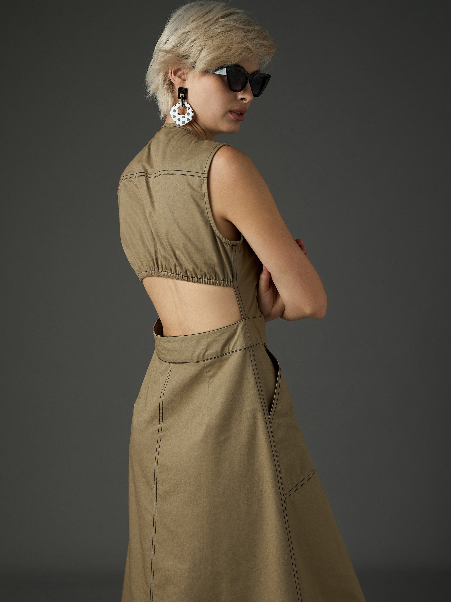 Pastel Olive Twill Waist Cut-Out Midi Dress-SASSAFRAS