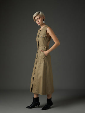 Pastel Olive Twill Waist Cut-Out Midi Dress-SASSAFRAS