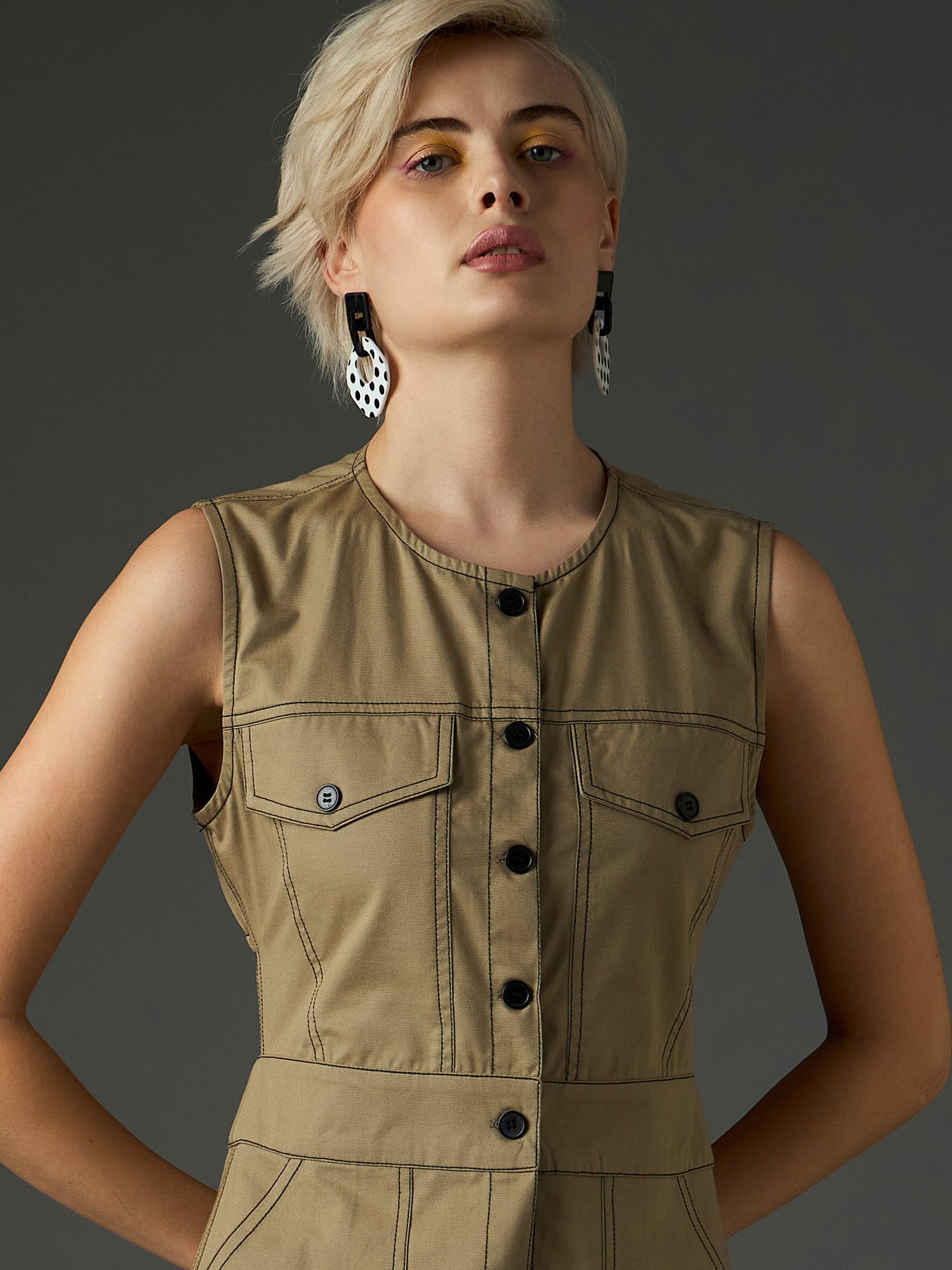 Pastel Olive Twill Waist Cut-Out Midi Dress-SASSAFRAS