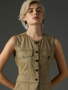 Pastel Olive Twill Waist Cut-Out Midi Dress-SASSAFRAS