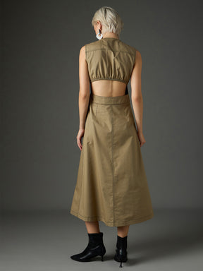 Pastel Olive Twill Waist Cut-Out Midi Dress-SASSAFRAS