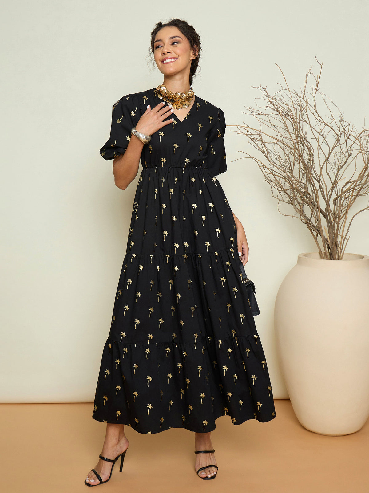 Black Foil Print Puff Sleeves Tiered Maxi Dress-Pink Paprika By SASSAFRAS
