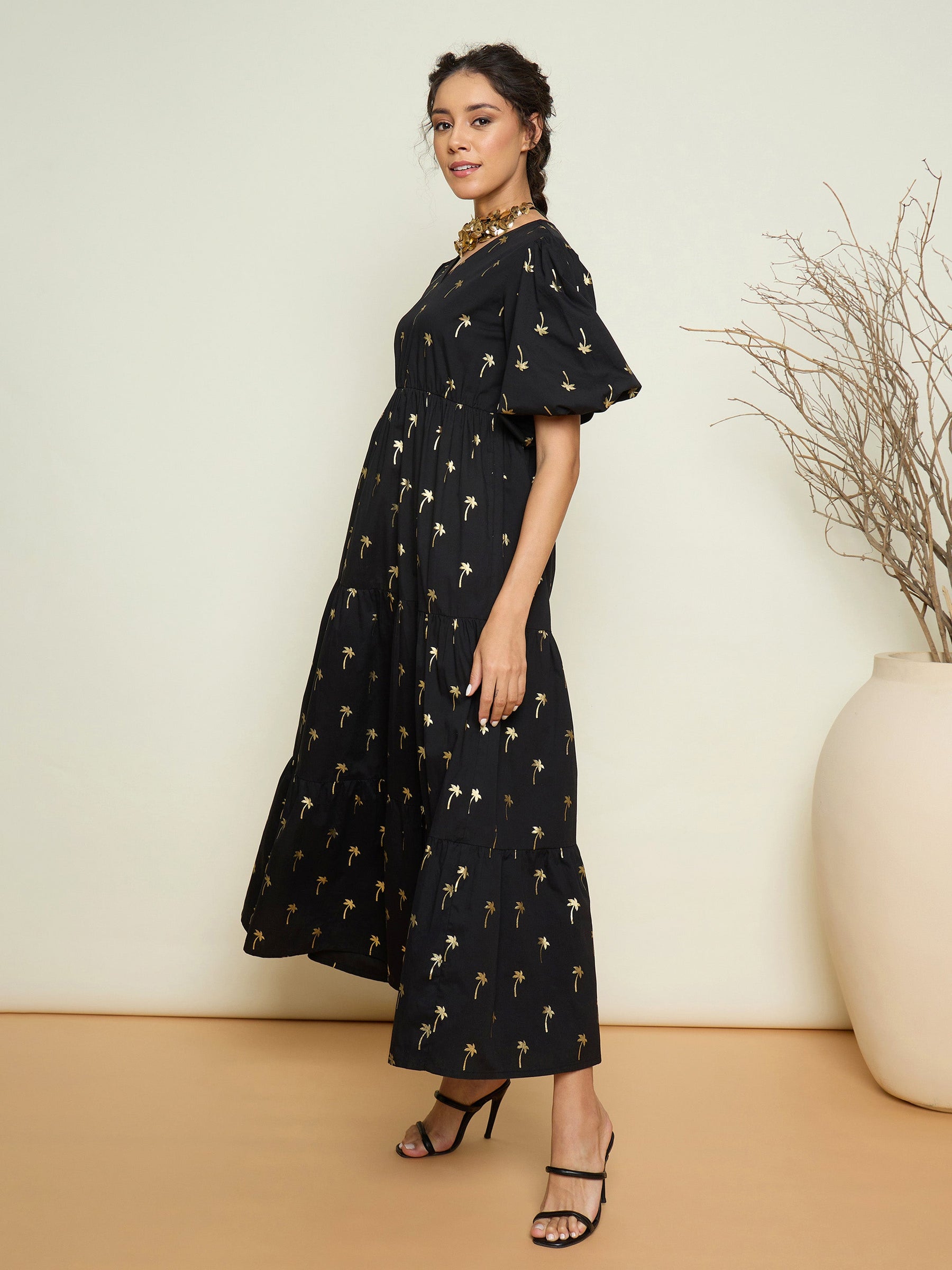 Black Foil Print Puff Sleeves Tiered Maxi Dress-Pink Paprika By SASSAFRAS