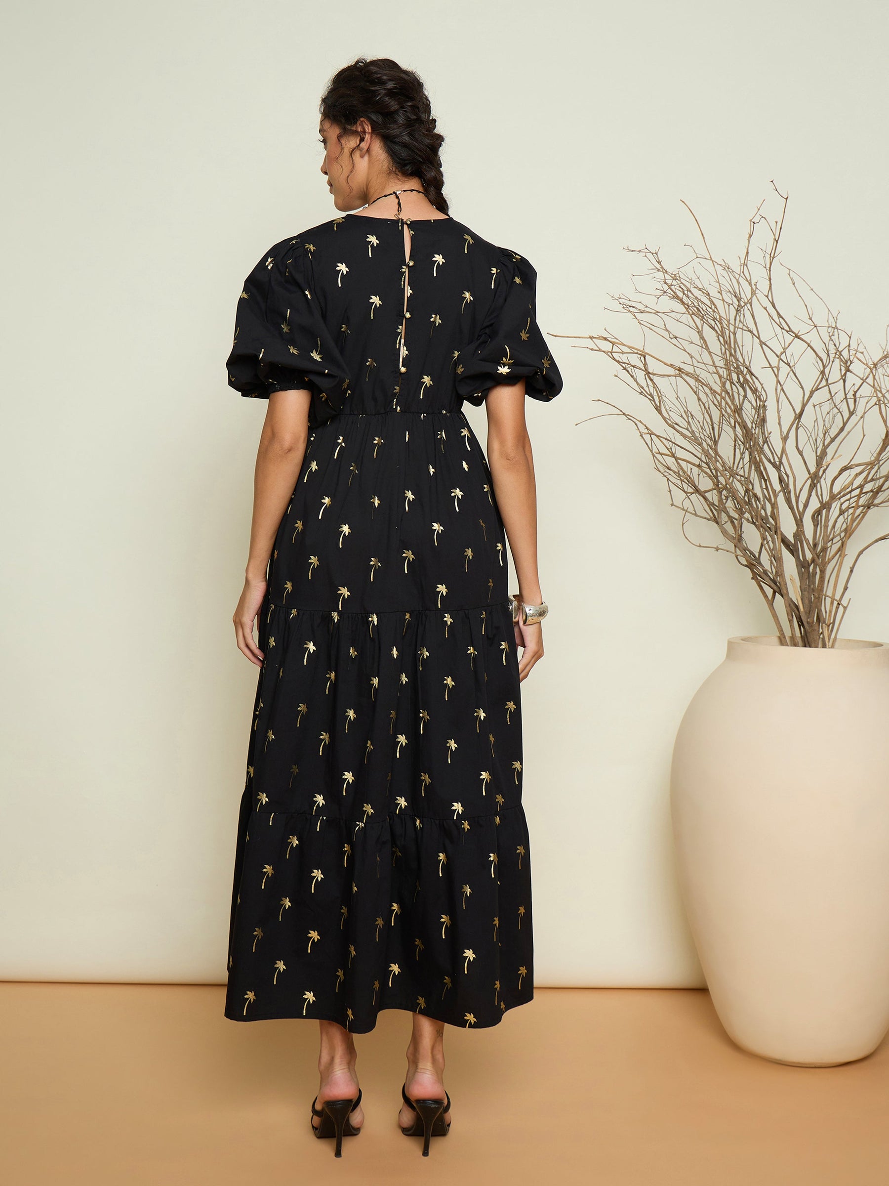 Black Foil Print Puff Sleeves Tiered Maxi Dress-Pink Paprika By SASSAFRAS