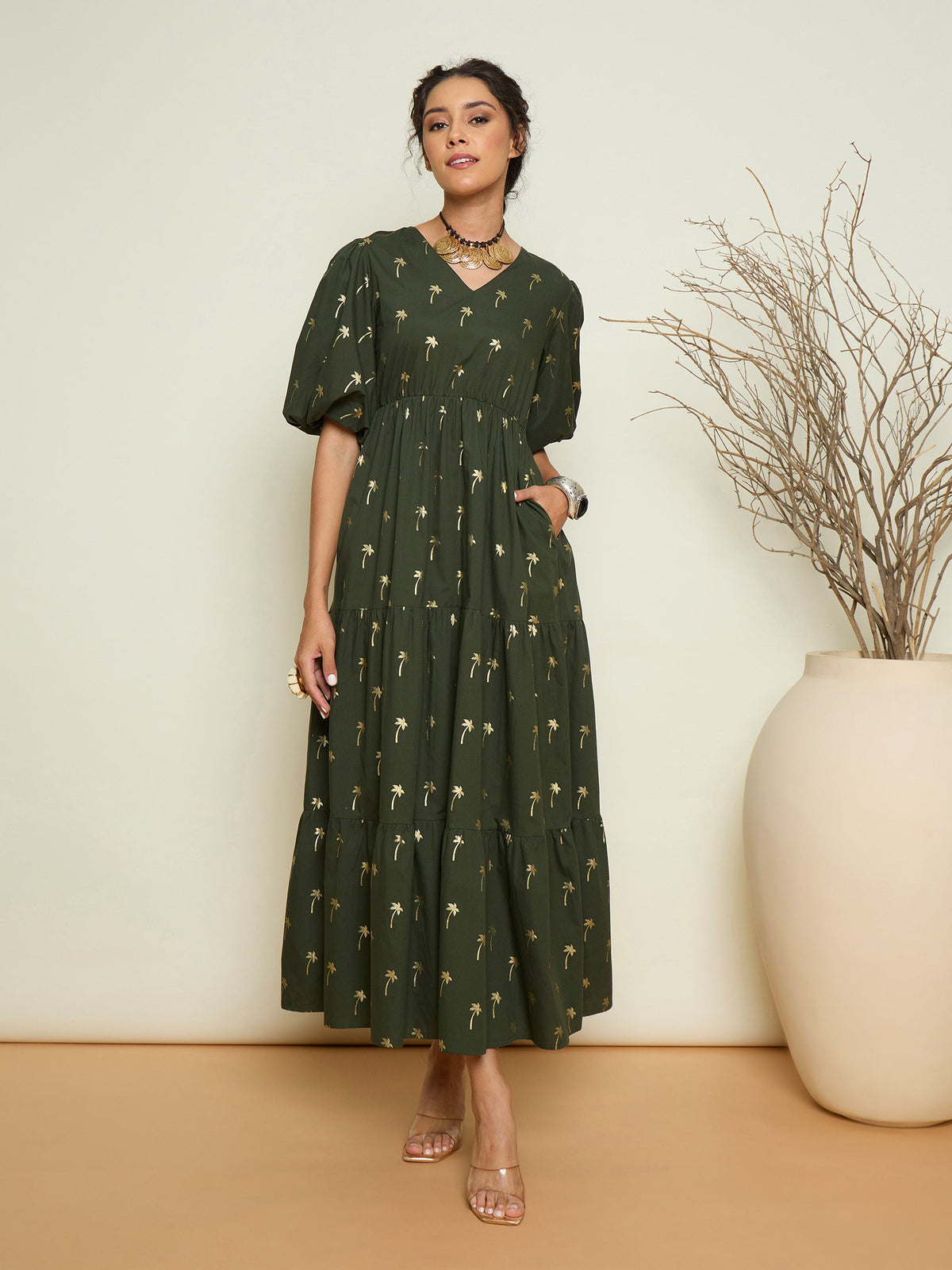 Olive Foil Print Puff Sleeves Tiered Maxi Dress-Pink Paprika By SASSAFRAS