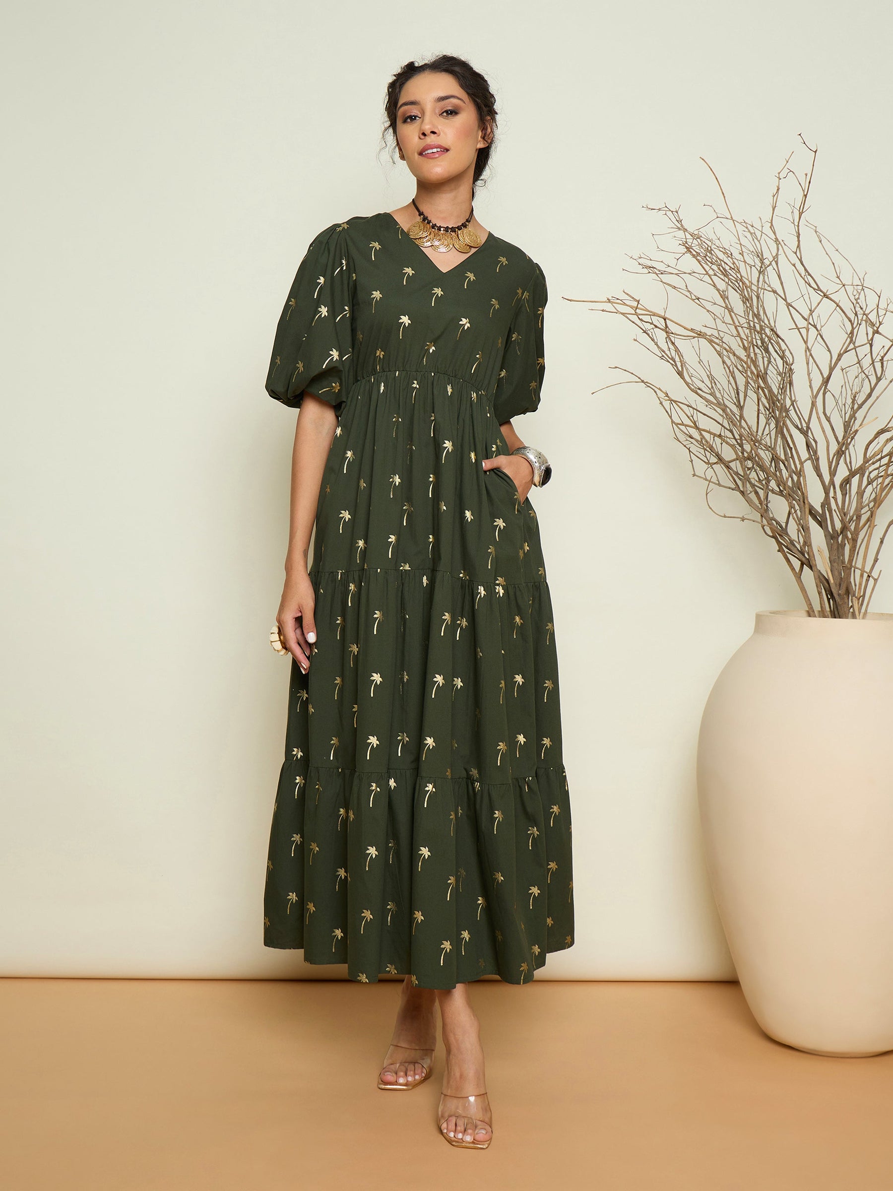 Olive Foil Print Puff Sleeves Tiered Maxi Dress-Pink Paprika By SASSAFRAS