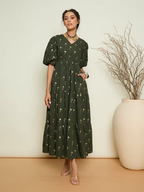 Olive Foil Print Puff Sleeves Tiered Maxi Dress-Pink Paprika By SASSAFRAS