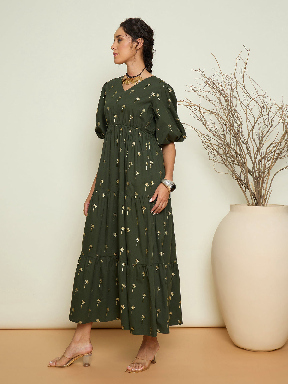 Olive Foil Print Puff Sleeves Tiered Maxi Dress-Pink Paprika By SASSAFRAS