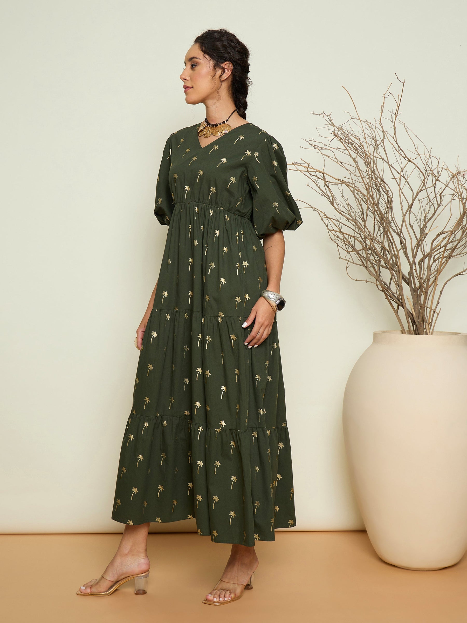 Olive Foil Print Puff Sleeves Tiered Maxi Dress-Pink Paprika By SASSAFRAS
