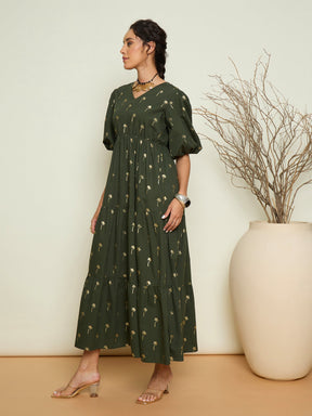 Olive Foil Print Puff Sleeves Tiered Maxi Dress-Pink Paprika By SASSAFRAS