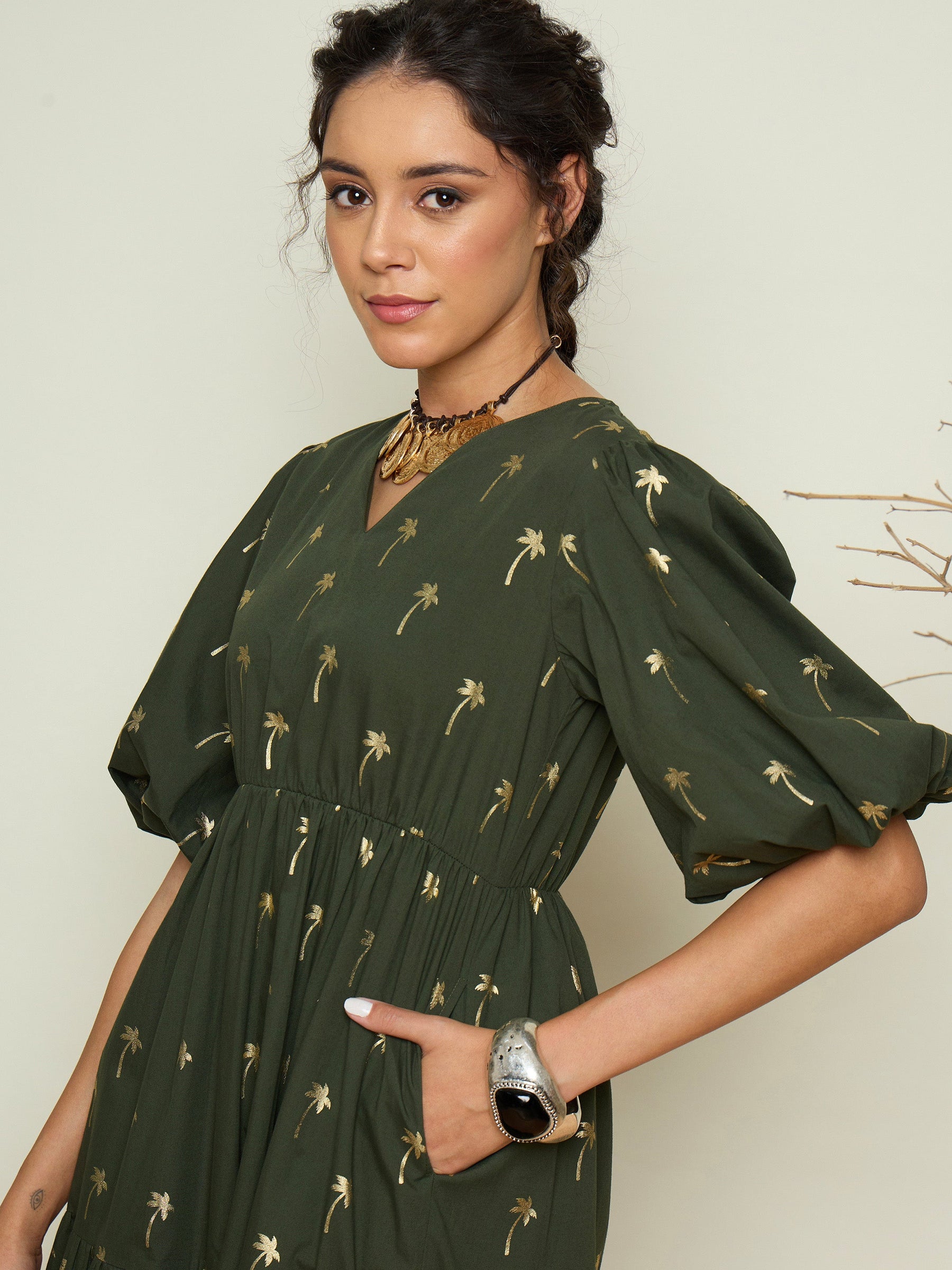 Olive Foil Print Puff Sleeves Tiered Maxi Dress-Pink Paprika By SASSAFRAS