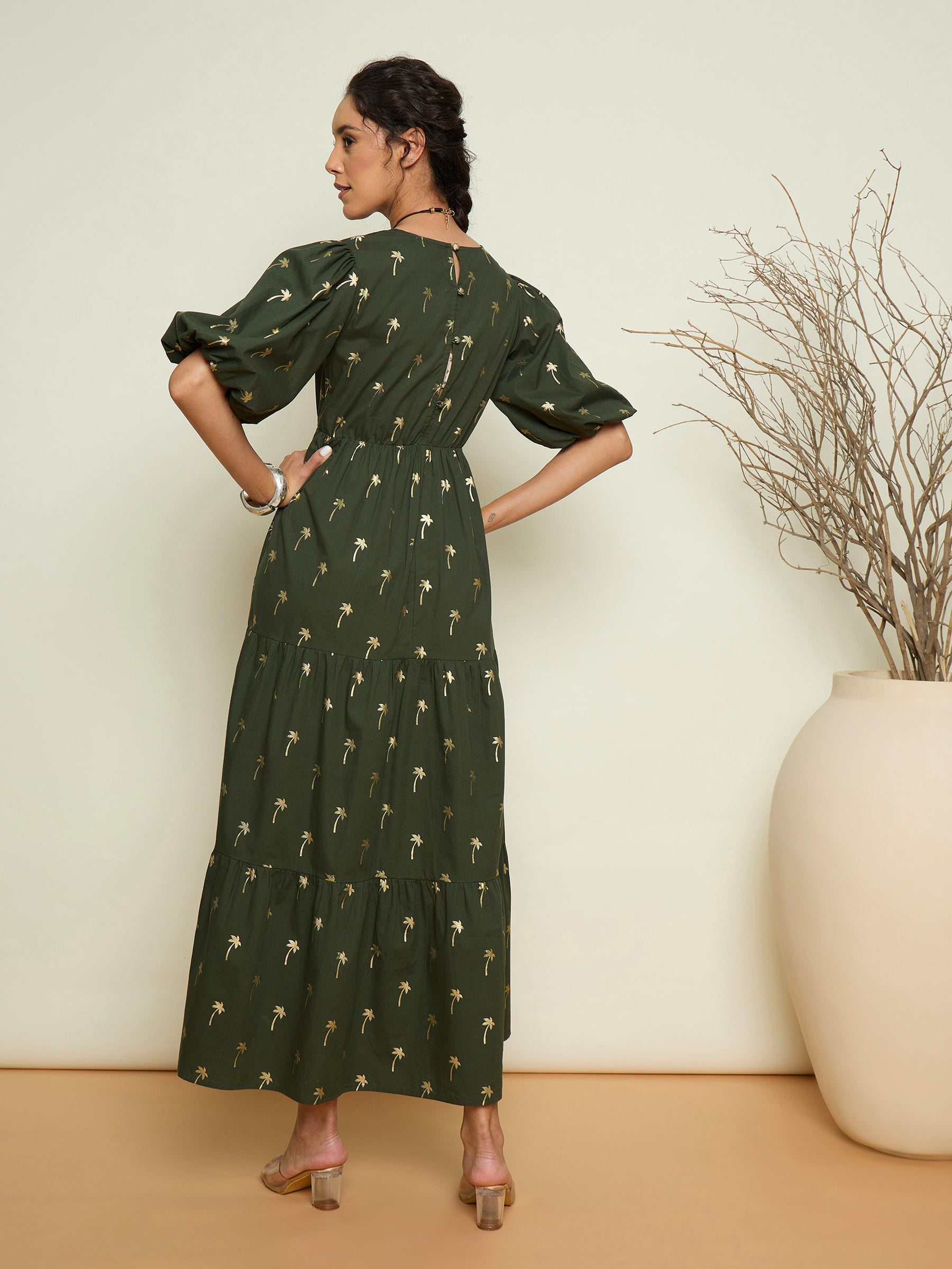 Olive Foil Print Puff Sleeves Tiered Maxi Dress-Pink Paprika By SASSAFRAS
