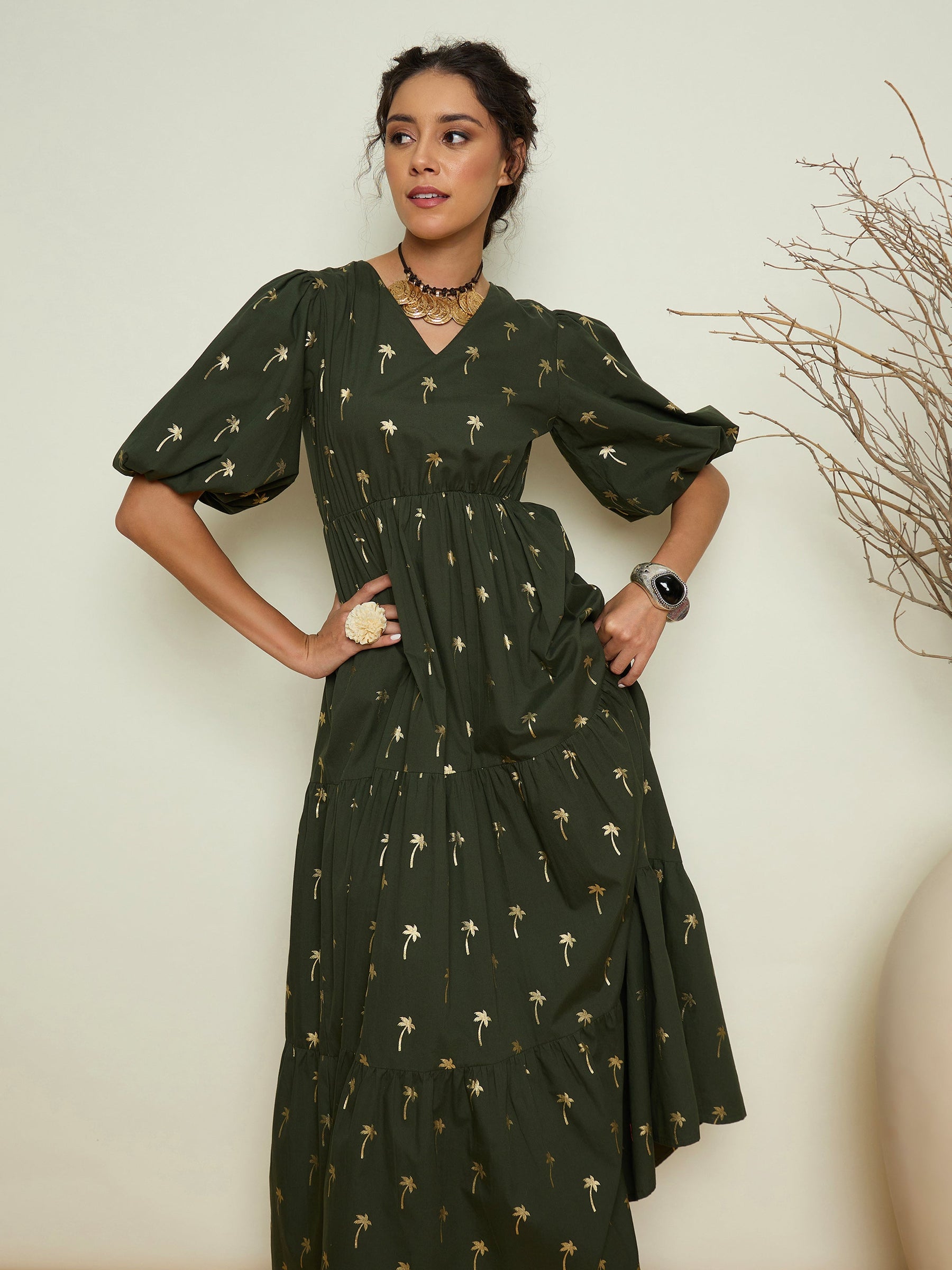 Olive Foil Print Puff Sleeves Tiered Maxi Dress-Pink Paprika By SASSAFRAS