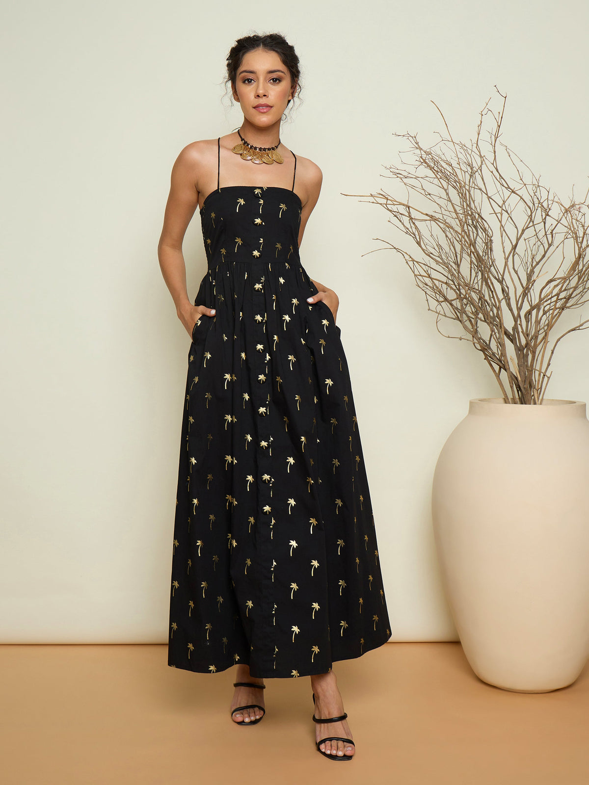 Black Foil Print Strappy Front Button Maxi Dress-Pink Paprika By SASSAFRAS