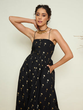 Black Foil Print Strappy Front Button Maxi Dress-Pink Paprika By SASSAFRAS