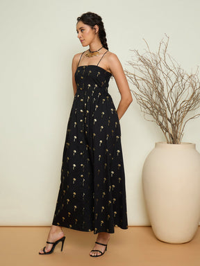 Black Foil Print Strappy Front Button Maxi Dress-Pink Paprika By SASSAFRAS