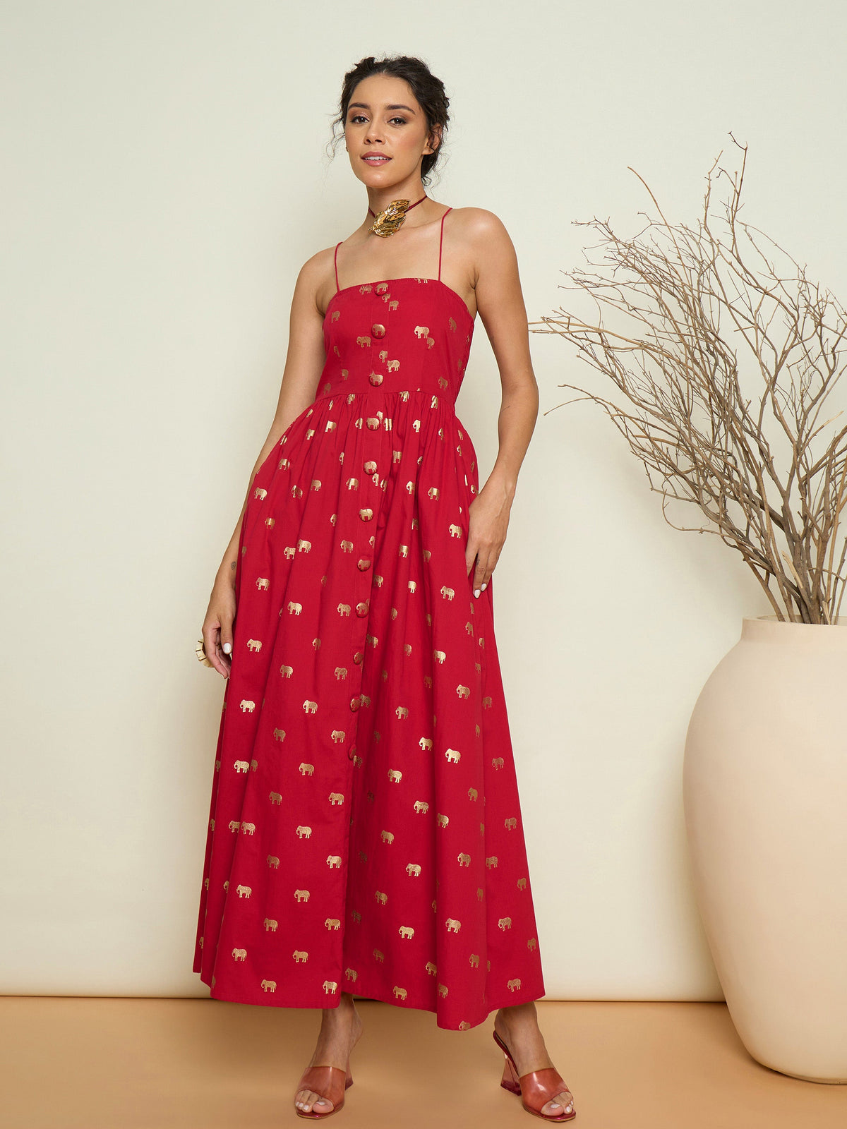 Fuchsia Foil Print Strappy Front Button Maxi Dress-Pink Paprika By SASSAFRAS